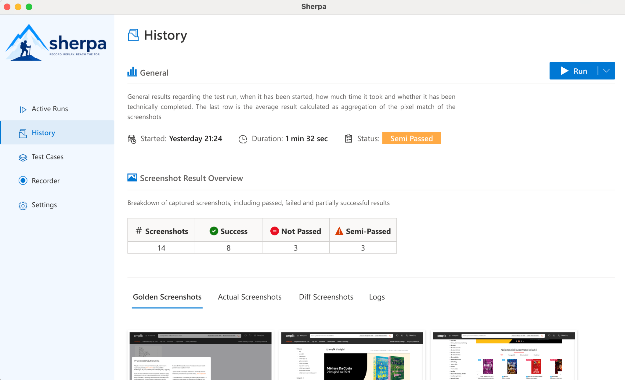 Sherpa app screenshot showing history, status and screenshot results